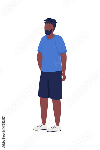 Bearded man waiting in queue semi flat color vector character. Standing figure. Full body person on white. Summertime outfit isolated modern cartoon style illustration for graphic design and animation