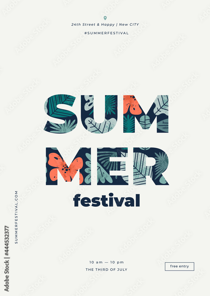 Summer festival minimalist poster design template. Tropical leaves and flowers. 