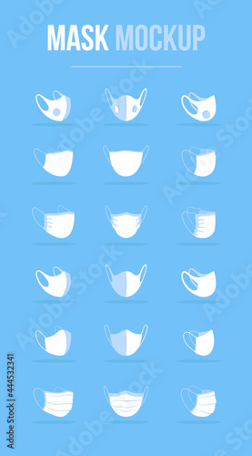 Face mask types with different protection levels white mockup. Respiratory diseases spread prevention. Medical coverings, respirators. Modern item clipart. Isolated design template on blue background