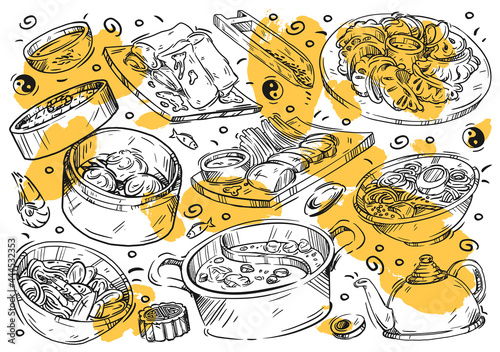 Hand drawn vector line illustration food. Doodle Chinese cuisine: spring rolls, tom yum soup, ramen, har gow dumplings, soy sauce, green tea, yue bing, hotpot, noodles, bao, rice, peking duck meat