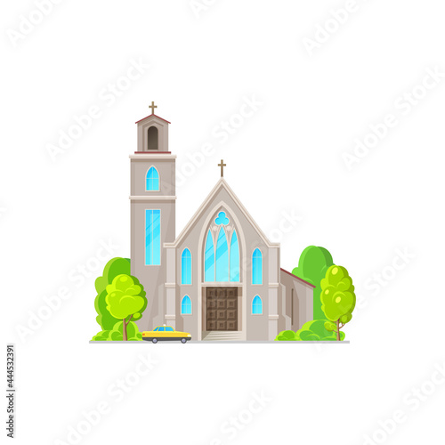 Catholic church building vector icon. Medieval cathedral with gothic arch windows. Chapel or monastery facade, christian church design, evangelic religious architecture exterior isolated cartoon sign