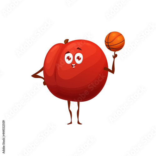 Apple fruit playing basketball, healthy food in fitness and sport activity, vector cartoon character. Happy apple fruit with basketball ball, natural organic food nutrition and vitamins