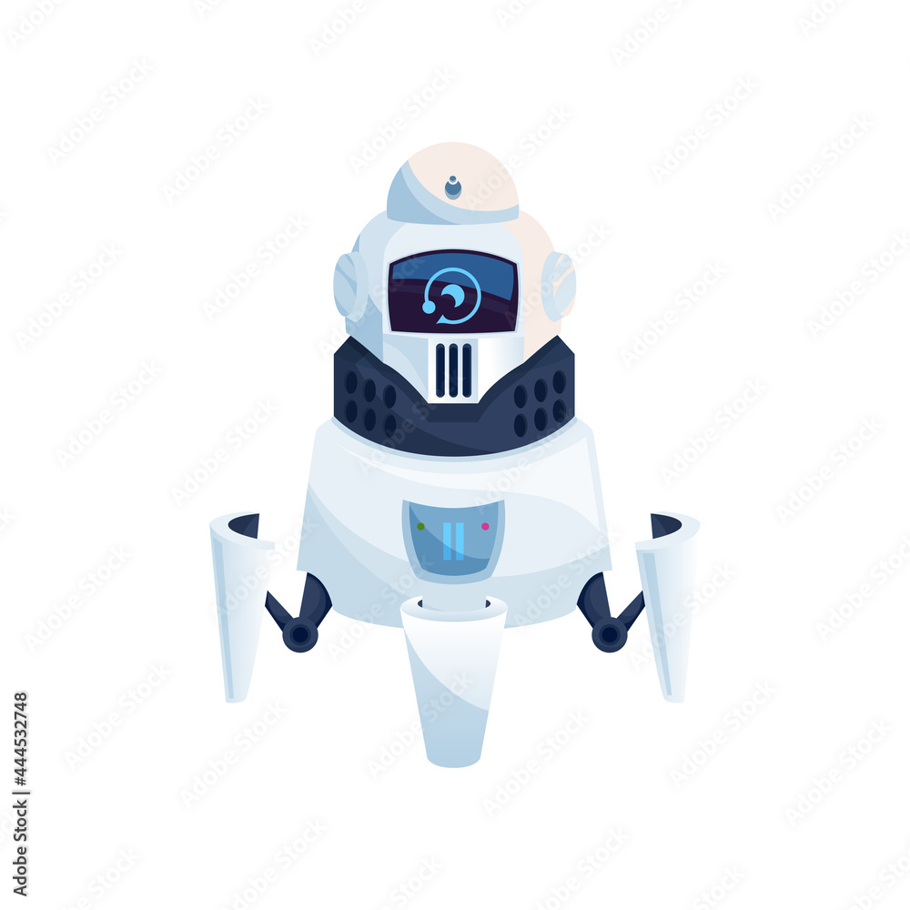 Fototapeta premium Humanoid robot isolated futuristic cyborg digital character with screen display on head. Vector modern kids toy, artificial intelligence smart automation. Virtual reality cyber modern ai machine