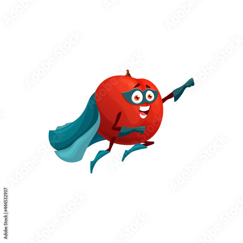Apple superhero fruit cartoon character, vector food in super hero costume and mask. Happy apple fruit as powerful superhero flying and fighting in magic power cape