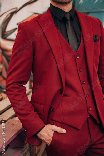 red suit for a man, tuxedo, three-piece suit