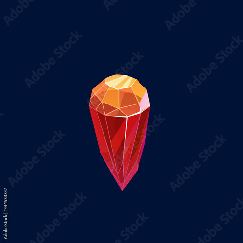 Magic crystal vector icon, rock, gem stone of red and orange color, isolated gemstone. Precious or semiprecious organic raw mineral stalagmite, jewelry for ui cartoon sign