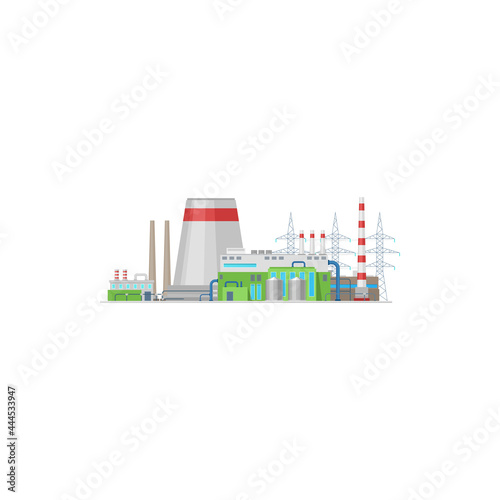 Power plant or energy station and factory towers vector electric industry icon. Power plant nuclear, chemical or thermal factory building with turbines, boilers and chimneys, oil and gas pipeline