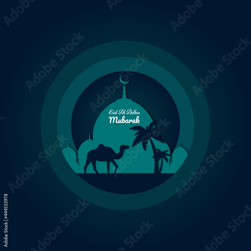 Eid greetings social media post with palm tree  camel  mosque design template