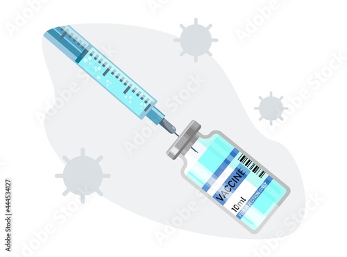 Medicine vaccine vial bottle and syringe injection tool for  immunization treatment. Coronavirus vaccine background.  Vector flat illustration. Design for landing page, web