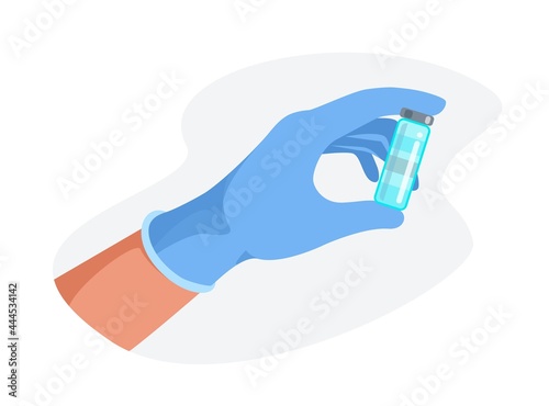 Doctor hand in blue medical glove holding bottle with vaccine. Covid-19 coronavirus vaccine. Vaccination shot, medicine and drug concept. Flat vector illustration. Design for banner, infographic