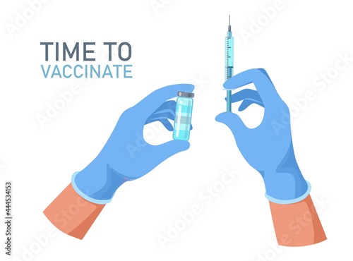 Doctor hands with medical gloves holding vaccine bottle and syringe. Covid-19 coronavirus vaccine. Vaccination shot, medicine and drug concept. Flat vector illustration. Design for banner, infographic
