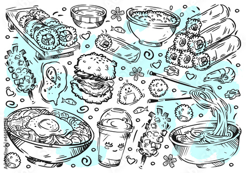 Hand drawn vector line illustration food on white board. Doodle Korean cuisine: rolls, meat, rice burger,desert, gimbap, bibimbap, noodles, jjajangmyeon, onigiri, milkshake