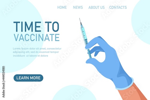 Doctor hands with medical gloves holding vaccine bottle and syringe. Covid-19 coronavirus vaccine. Vaccination shot, medicine and drug concept. Flat vector illustration. Design for banner, infographic