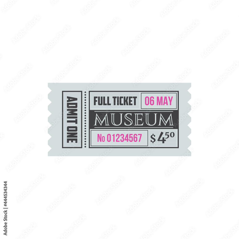 Full ticket to museum isolated retro paper card. Vector invitation on excursion or exhibition, admit one to museum, mention of date and price. Voucher access to history museum, single entry Full ticket to museum isolated retro paper card. Vector invitation on excursion or exhibition, admit one to museum, mention of date and price. Voucher access to history museum, single entry