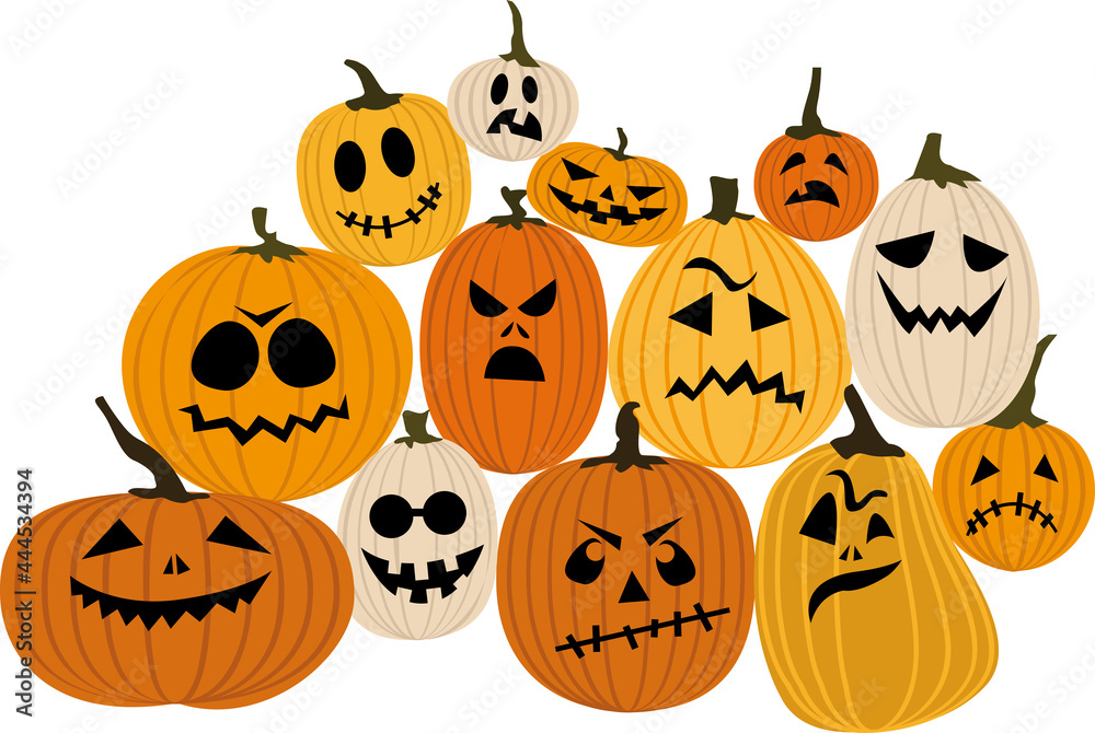 Group of assorted jack-o-lantern pumpkins with funny faces, EPS 8 vector illustration Group of assorted jack-o-lantern pumpkins with funny faces, EPS 8 vector illustration