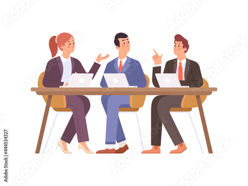 Business conference. Effective and productive teamwork. Boss and employees working at computers and talking. Vector illustration
