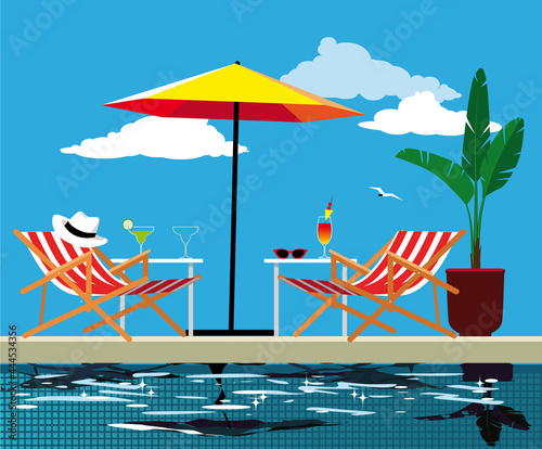 Poolside aria with two striped cabana folding chairs, side tables with cocktails and an umbrella, EPS 8 vector illustration, no transparencies