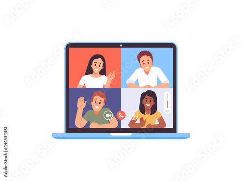 Video conference. People group on laptop screen. Video conferencing and online communication. Vector illustration