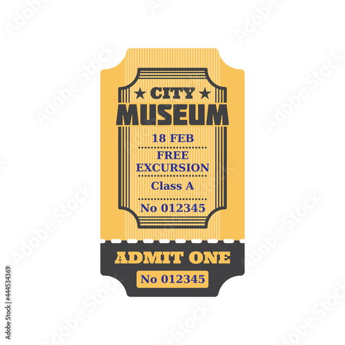 Ticket to city museum, numbered paper card with price, free excursion included. Vector admit on performance or excursion in museum, coupon with date, special voucher. Admission to visit exhibition