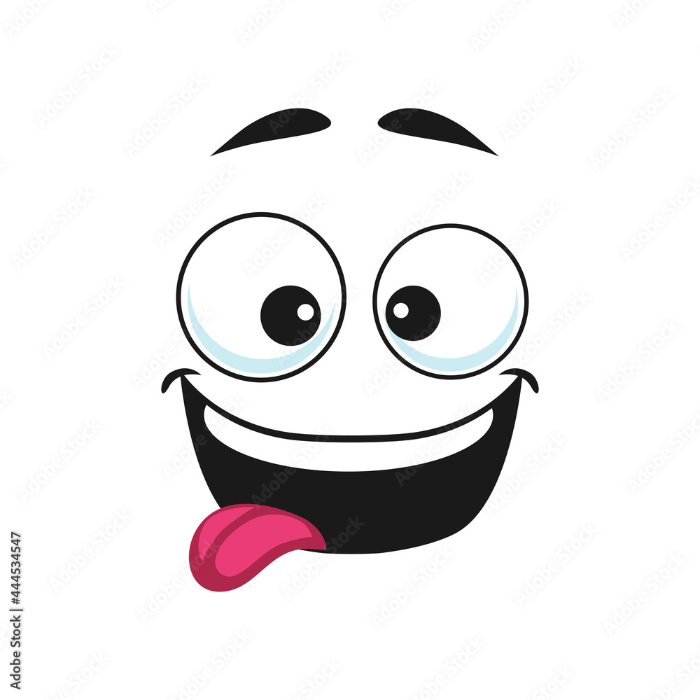 Vetor de Cartoon face, happy smile vector emoji with open mouth and  sticking tongue. Joyful facial expression with goggle eyes , funny glad  character, positive feelings isolated on white background do Stock