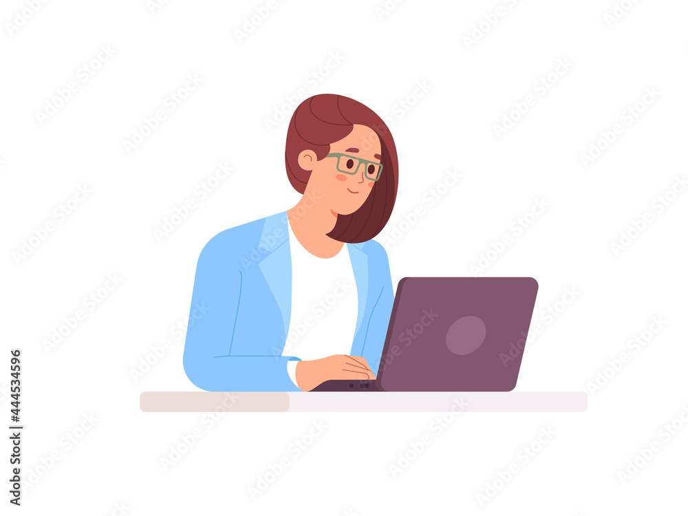 Young beautiful businesswoman working on laptop. Business woman busy working on laptop computer at office. Vector illustration Young beautiful businesswoman working on laptop. Business woman busy working on laptop computer at office. Vector illustration