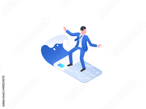 Businessman rides a credit card like a surfboard. Financial independence concept. Vector illustration
