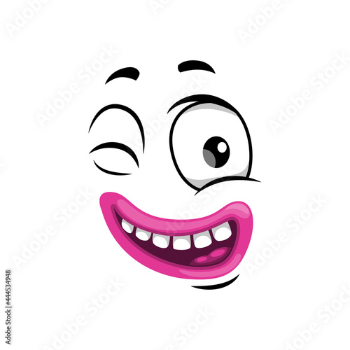 Cartoon face vector icon, funny emoji with happy smile and wink eye. Playful facial expression, positive frisky feelings isolated on white background