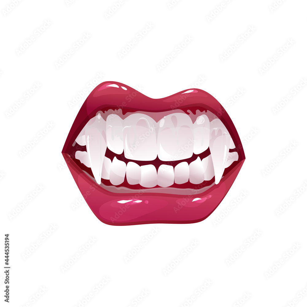 Naklejka premium Vampire mouth with fangs vector icon, creepy monster grinning jaws. Cartoon open female red lips with long sharp teeth isolated on white background