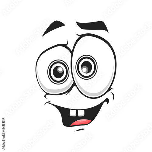 Cartoon face isolated vector icon, delighted smile facial emoji of funny creature. Happy emotion, comic face with toothy smiling mouth and goggle round eyes with wide pupils
