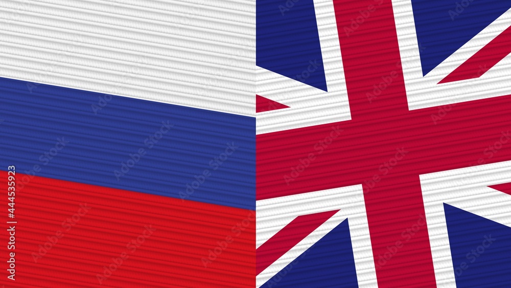 Fototapeta premium United Kingdom and Russia Flags Together Fabric Texture Illustration Background
