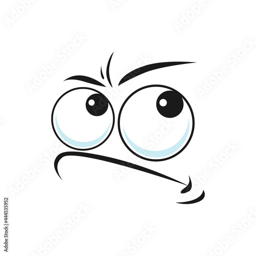 Distrustful emoji with big eyes curved smile, doubtful or questioned smiley isolated icon. Vector angry disbelief emoticon expression, distrusted sad mood emoji. Suspicious emoticon with angry face