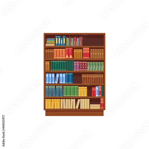Bookcase vector icon, cartoon library shelf with books, wooden storage with colorful textbooks, literature bookstore isolated on white background. Science, education sign