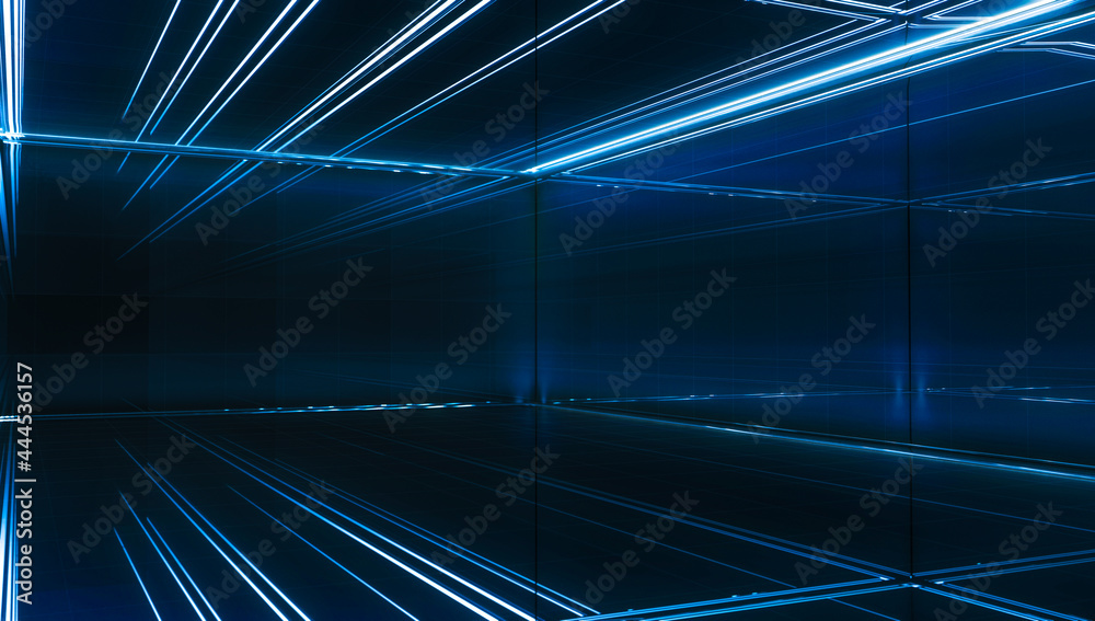 Naklejka premium Futuristic light tunnel. Long Spaceship corridor interior view. Future sci-fi background concept. 3D rendering.