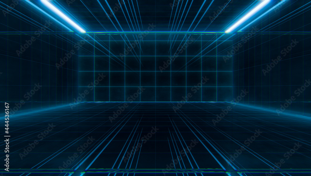 Naklejka premium Abstract Futuristic light wireframe tunnel. Long Spaceship corridor interior view. Future sci-fi background concept. 3D rendering.