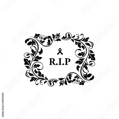 Funeral card, vintage condolence floral vector wreath with plant leaves flourishes, obituary black ribbon and rip text. Monochrome retro frame, obsequial memorial, funeral sorrowful card