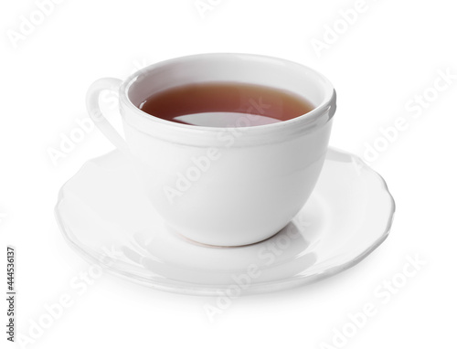 Cup of aromatic hot tea isolated on white