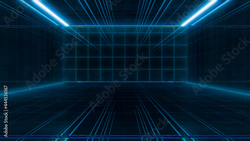 Abstract Futuristic light wireframe tunnel. Long Spaceship corridor interior view. Future sci-fi background concept. 3D rendering.