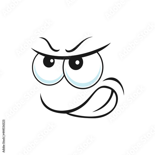 Distrusted mood face expression isolated distrustful emoji with big eyes curved mouth isolated. Vector questioned smile, suspicious emoticon, questionable angry uncertain smiley, doubtful face