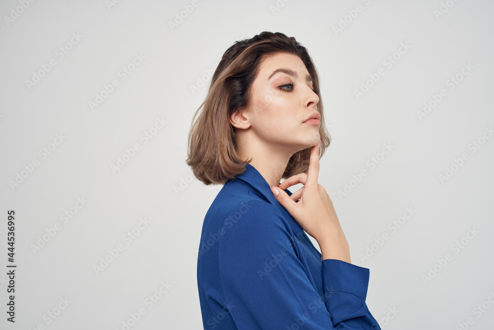 Business woman in blue shirt executive finance job Business woman in blue shirt executive finance job