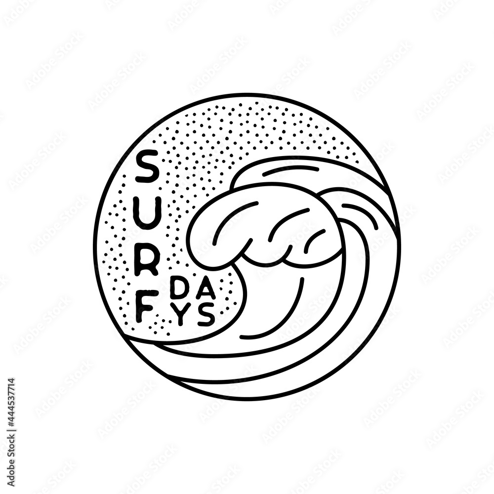 Surfing badge design. Summer crest logo with waves and quote - Surf days. Hand drawn travel label isolated. Sacred geometry. Stock graphics emblem Surfing badge design. Summer crest logo with waves and quote - Surf days. Hand drawn travel label isolated. Sacred geometry. Stock graphics emblem