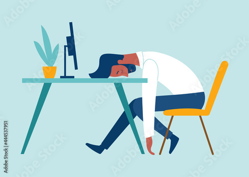 Exhausted male character is having burnout syndrome at work. Sick tired male manager in office sad boring sitting with head down on desk. Mental health problems. Flat cartoon vector illustration