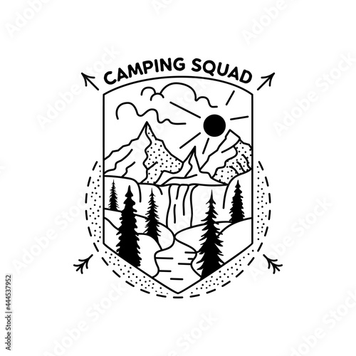 Camping squad badge design. Outdoor adventure crest logo with mountains scene. Travel silhouette label isolated. Sacred geometry. Stock tattoo graphics emblem