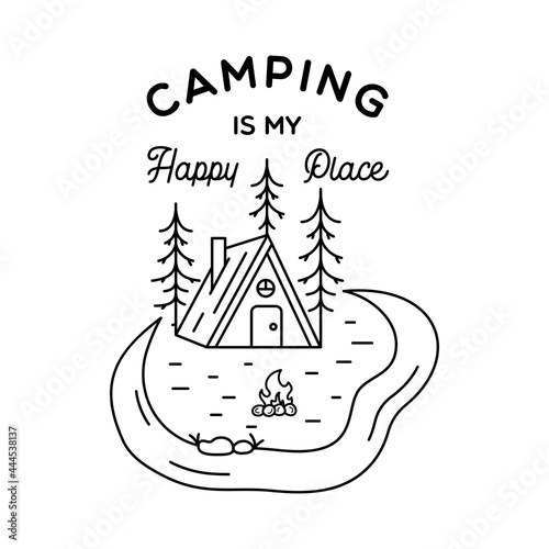 Camping line art logo design. Vintage adventure linear badge design. Outdoor crest label with cabin house and camp landscape. Travel silhouette emblem isolated. Stock isolated