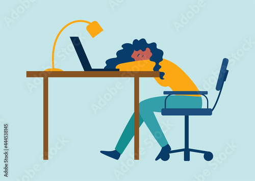 Exhausted female character having professional burnout syndrome. Sick tired male manager in office sad boring sitting with head down on desk. Mental health problems. Flat cartoon vector illustration