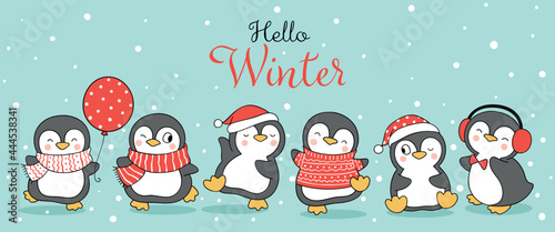 Draw banner happy penguin in snow for christmas and winter
