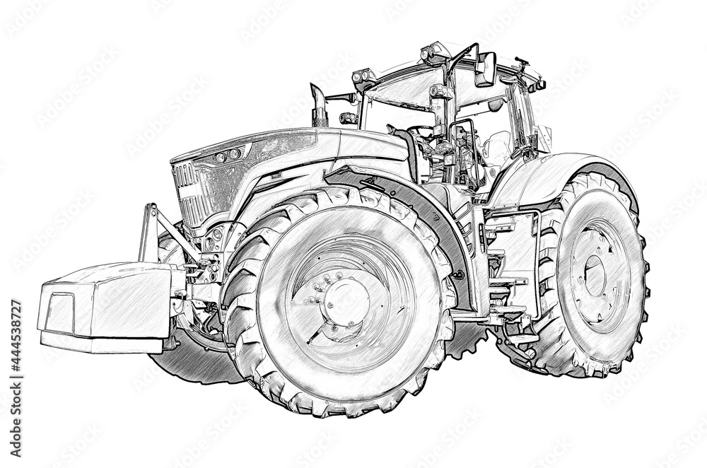 Drawing of the agricultural tractor, side view