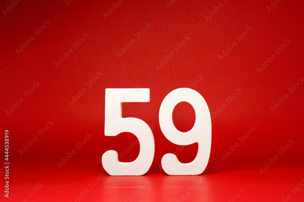 Fifty nine ( 59 ) white number wooden on Red Background with Copy Space - New promotion 59% Percentage , Birthday anniversary , Business finance Concept Fifty nine ( 59 ) white number wooden on Red Background with Copy Space - New promotion 59% Percentage , Birthday anniversary , Business finance Concept