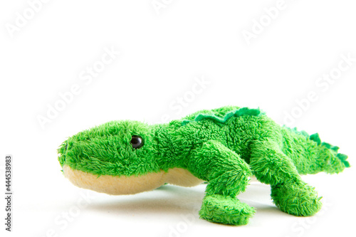 Green lizard plush toy isolated on white.