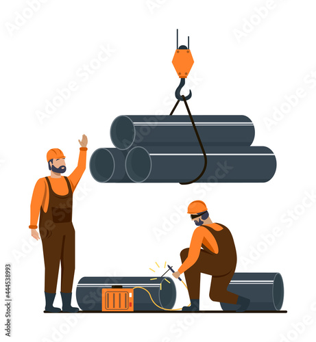 Male characters are working in metallurgy industry. Concept of resource mining, smelting of metal in big foundry, hot steel pouring in steel plant. Metallurgy process. Flat cartoon vector illustration