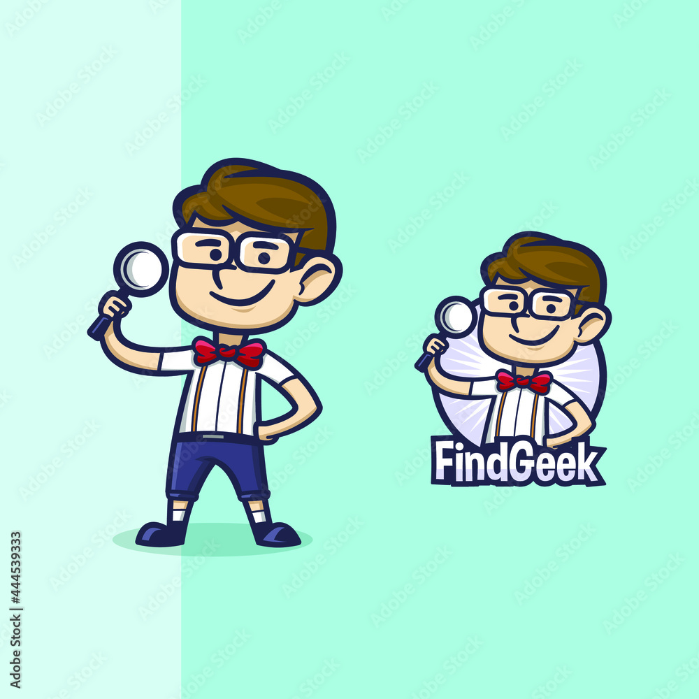 Geek man with tie bow holding a luv mascot logo for geek finder business Geek man with tie bow holding a luv mascot logo for geek finder business